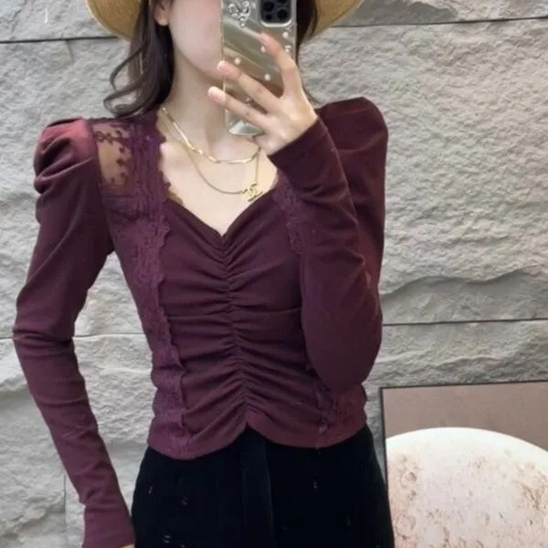 2024 new square collar lace stitching bottoming shirt for women Spring and Autumn high-grade puff sleeve inner short T-shirt top