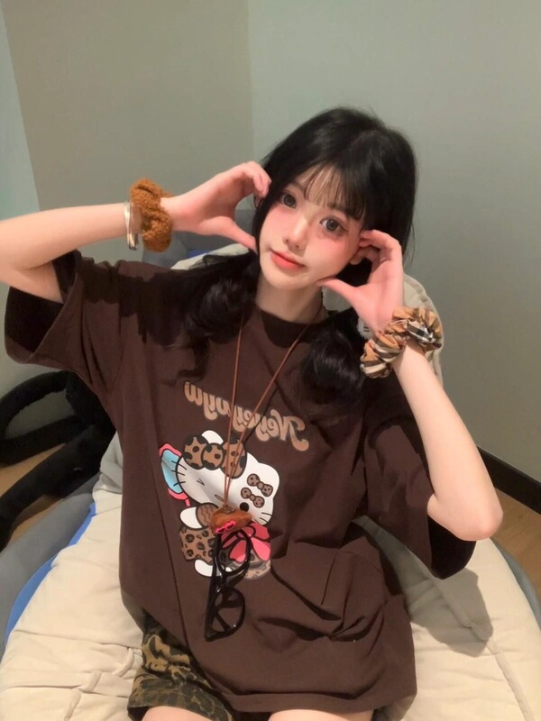 日本製夏スウェットシャツ KT ハローキティ プリント 半袖 Tシャツ トップス 純綿 半袖 Tシャツ レディース キティ トレンド|undefined