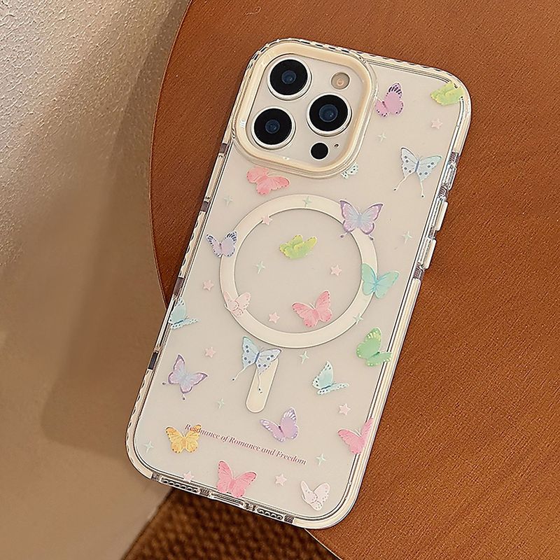 フレッシュカラー蝶16promax透明iPhone15携帯電話ケース適用13回転磁気吸引スタンド14フラッシュパウダー|undefined