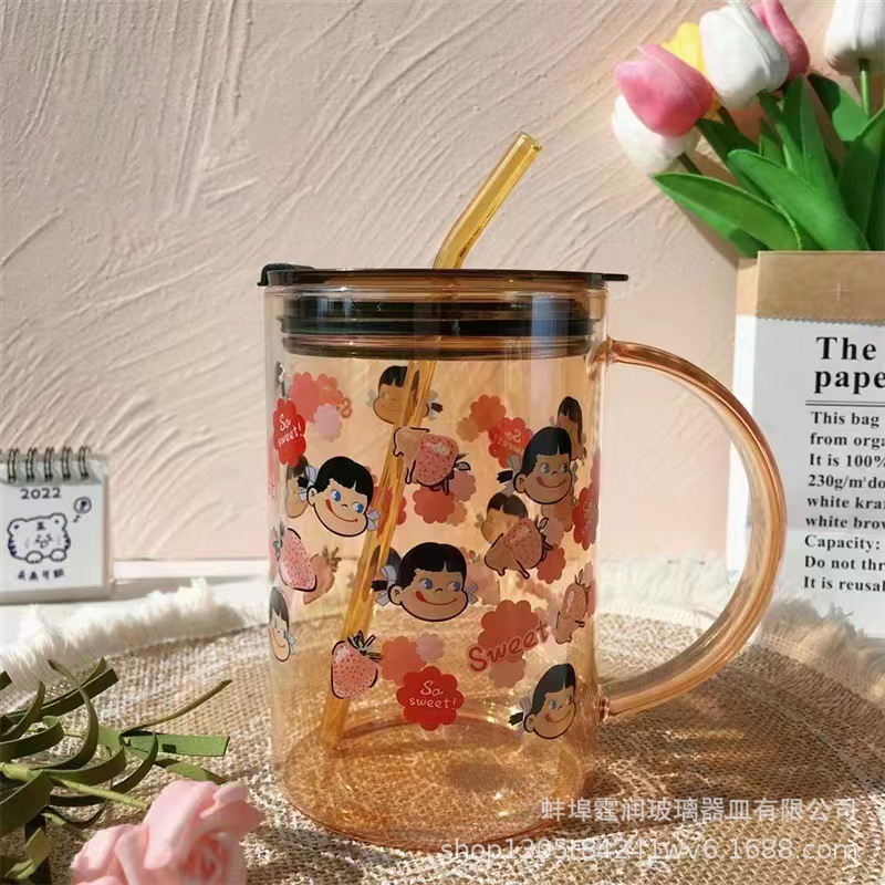 不二家大容量水杯可爱印花高硼硅耐热玻璃杯果茶杯可爱卡通吸管杯