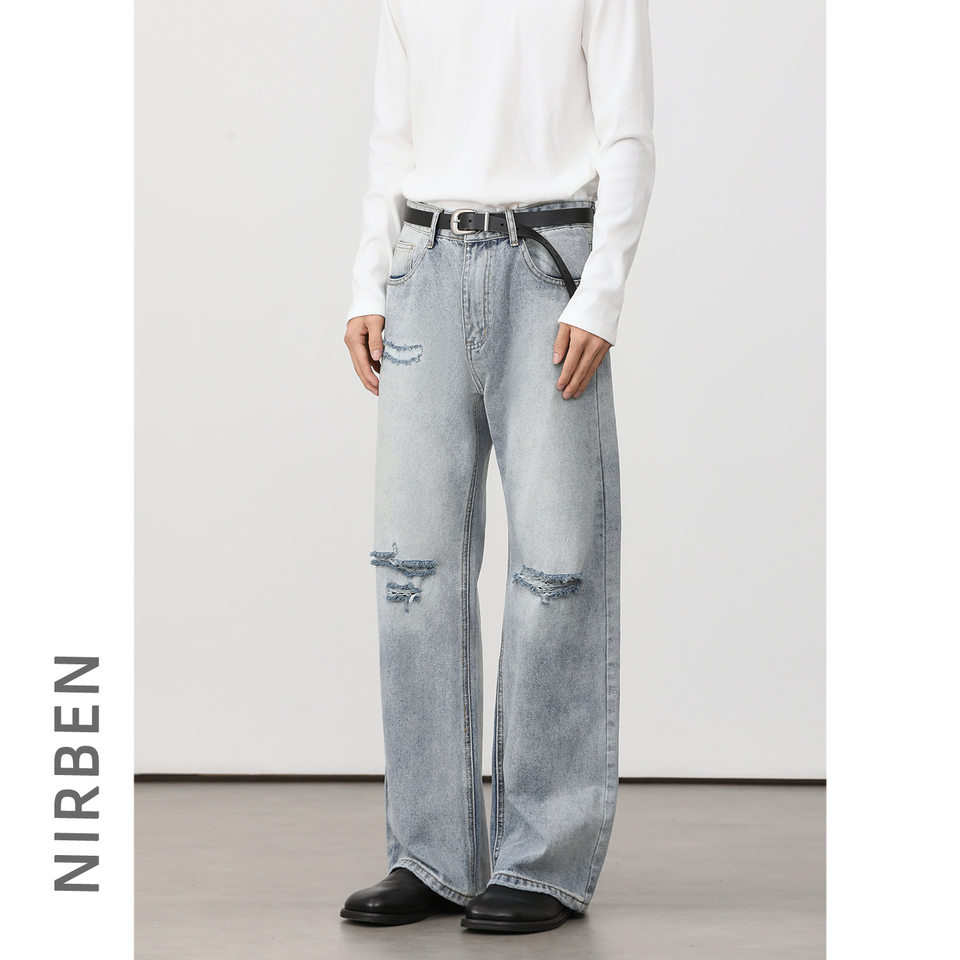 Quần jean nam ống loe nhẹ rách gối phong cách retro, dáng rộng ống suông tôn dáng, quần dài casual — Xanh nhạt, Xanh đậm