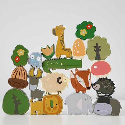 Children's early education wooden animal stacking building blocks fun balanced stacking Arhat parent-child interactive educational toy