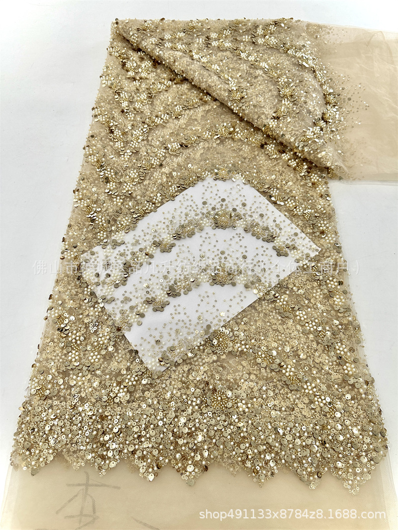 Verano transfronterizo bordado falda larga tela de malla bordado tubo de perlas vestido de moda rendimiento tela de encaje