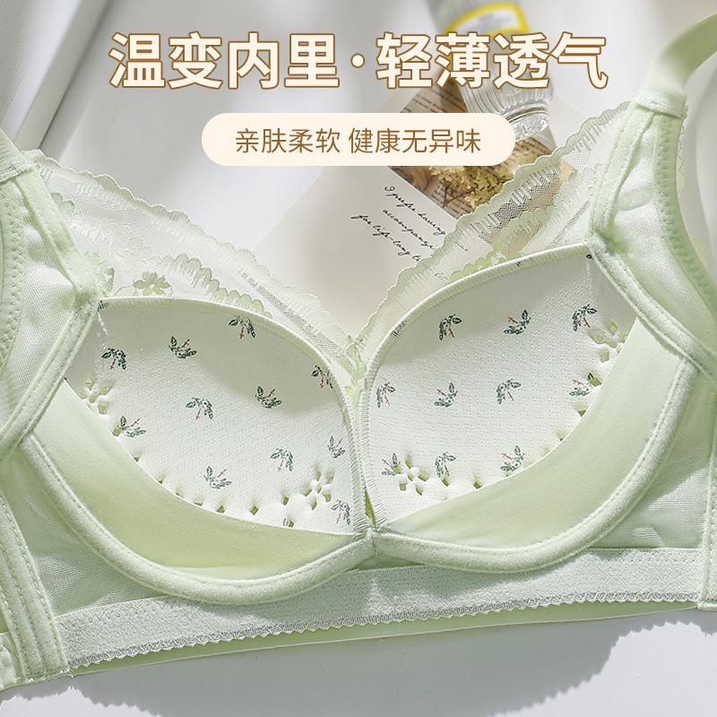 新しいフレンチセクシーレース下着、温度変化ホールカップ、プッシュアップ、ノンワイヤー、胸縮小、たるみ防止ブラジャー