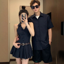 法式设计感情侣装夏季韩版短袖衬衫女气质连衣裙男衬衣一裙一衣潮