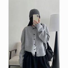 衣品乐美式复古高级感灰色针织开衫毛衣外套女秋冬宽松慵懒风外搭