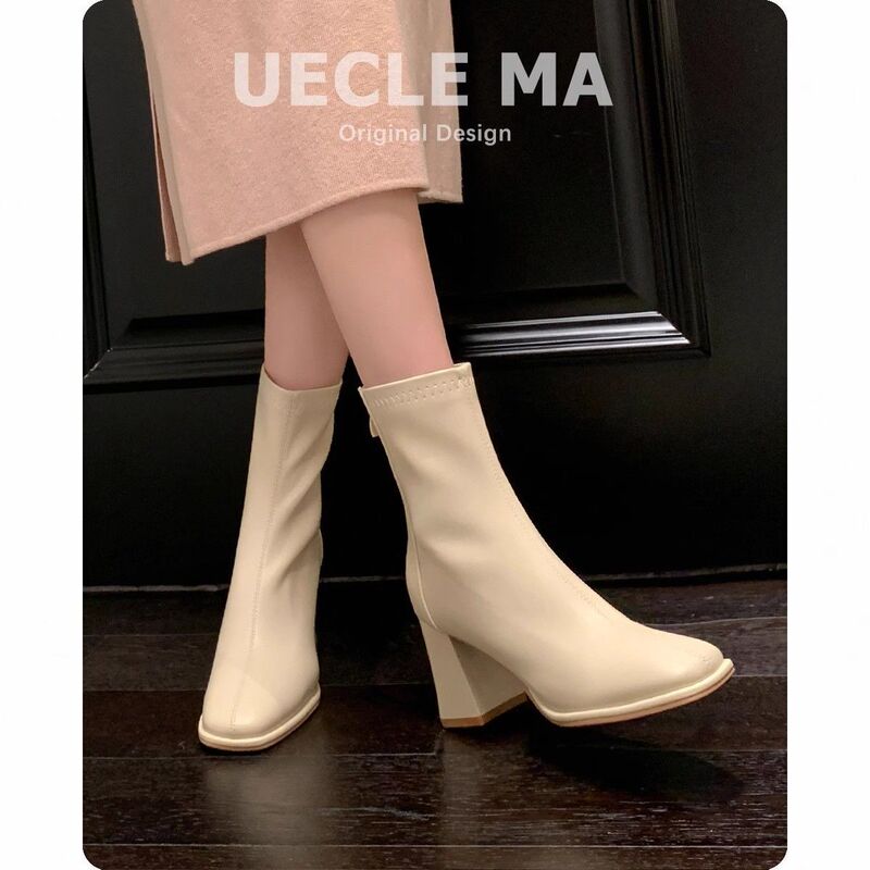 Short Boots for Women in Autumn and Winter, Genuine Soft Leather High Heels, Thick Heels, French Ankle Boots, Chelsea Boots, White Slim Boots