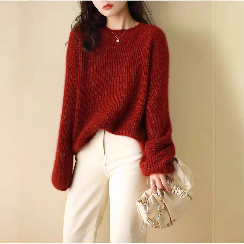 Cashmere Sweater Women's 2025 Autumn and Winter New Round Neck Knitted Bottoming Shirt Women's Christmas and New Year Red Loose Inner Top