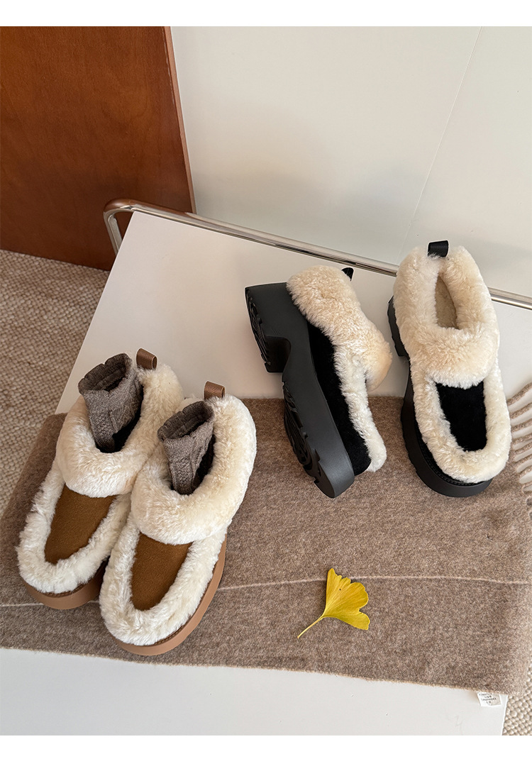Boot tuyết nữ da cừu một mảnh gót cao lót lông dày giữ ấm — màu nâu chi tiết 23