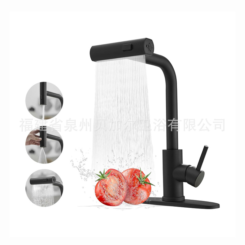 Cross-Border Raindance Stainless Steel Kitchen Pull-Out Faucet Hot and Cold Telescopic Universal Rotating Waterfall Splash-Proof Sink Faucet