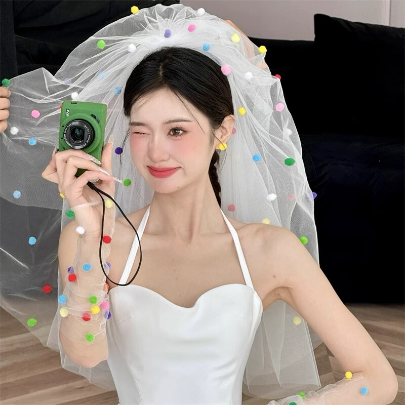 Dopamine Handmade Colorful Pom-Pom Veil, Bride's Wedding Photo Prop, Fluffy Tulle Veil Wholesale