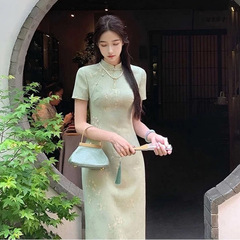 黄色绿色改良古法旗袍新中式少女年轻款感夏季气质连衣裙2025新款