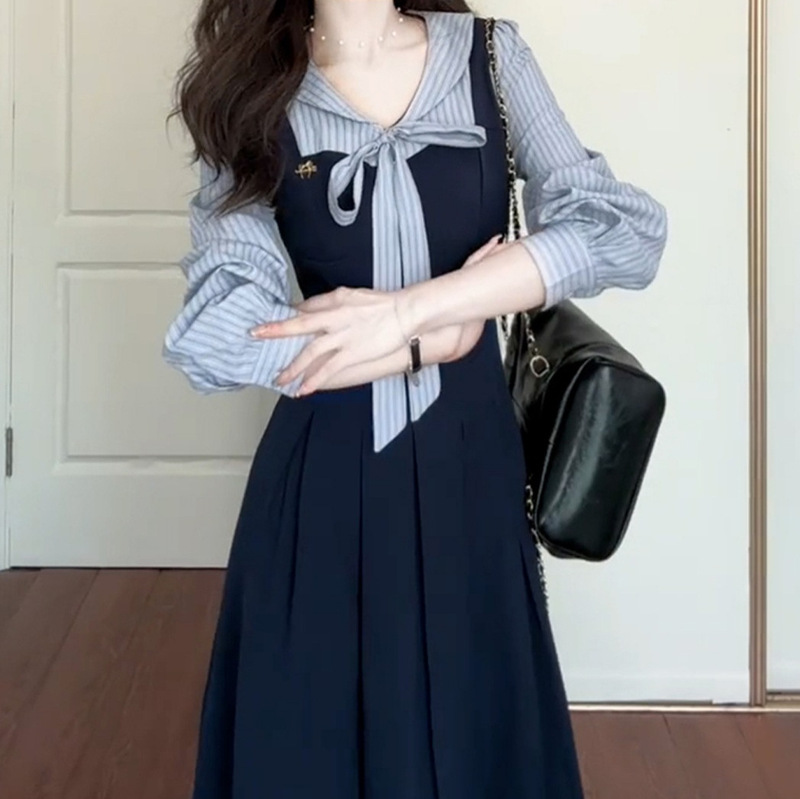 French Fake Two-Piece Blue Long-Sleeved Dress for Women 2025 Spring and Autum New Preppy Style Autum and Winter Elegant Long Skirt
