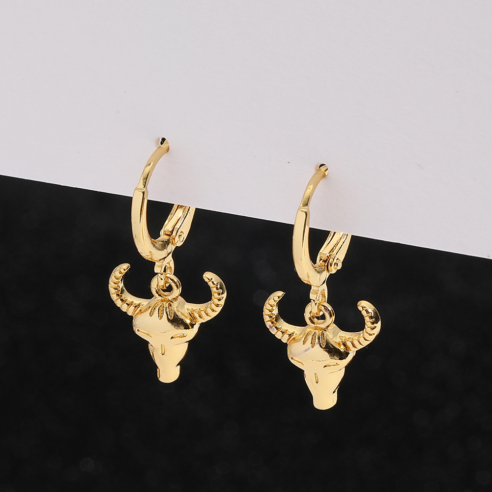 Hip-Hop Bull Head Copper Gold Plated Earrings 1 Pair