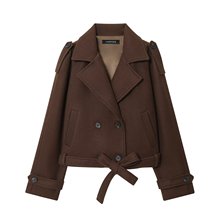 2025秋季新款时尚百搭气质优雅西装领系带长袖夹克毛呢外套女上衣