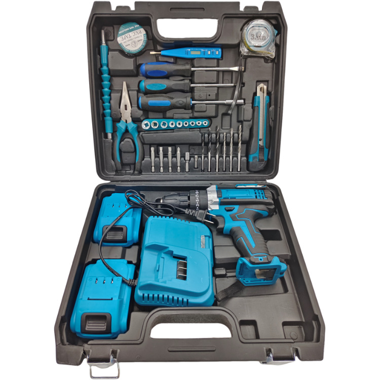 Fábrica de fuente de litio conjunto completo de accesorios hierro pinza taladro eléctrico de impacto de doble velocidad 21v taladro eléctrico de litio torsión súper fuerte