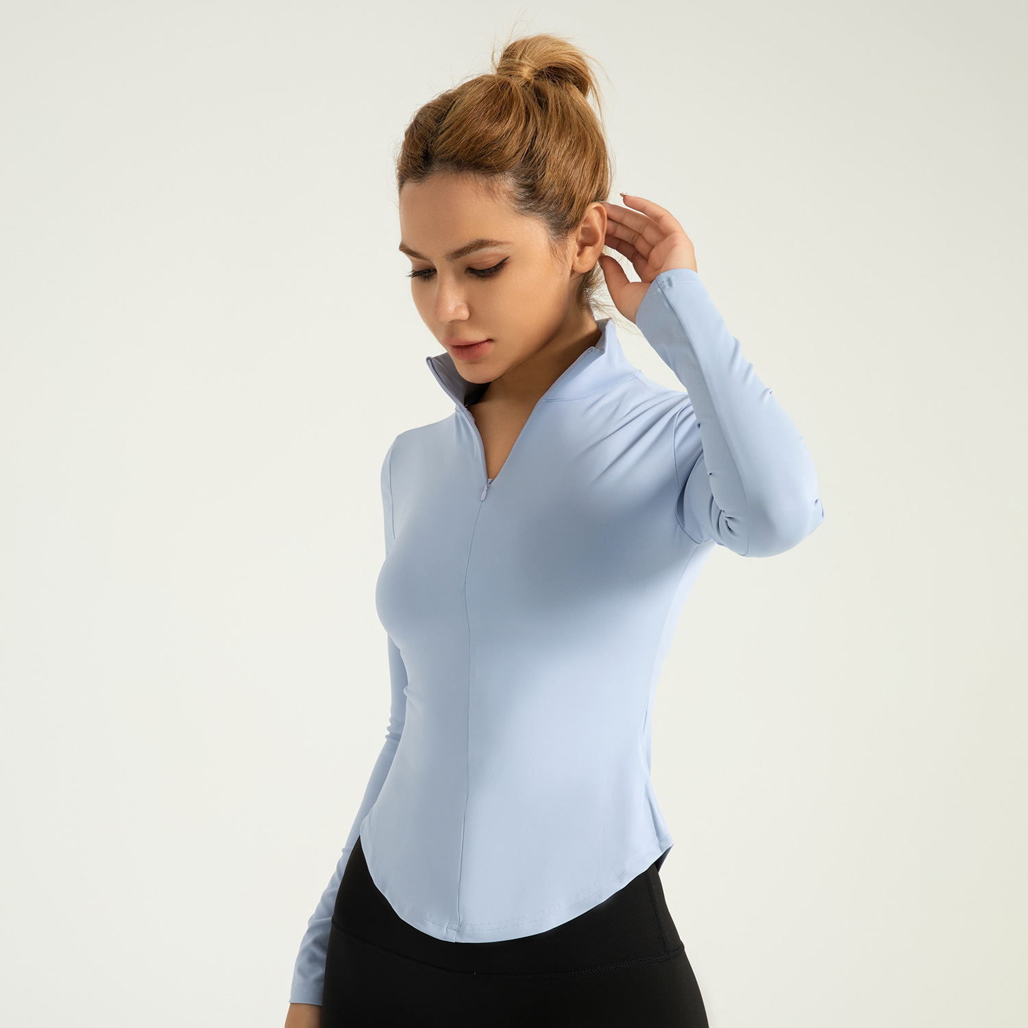 Área transfronteriza con cremallera protector solar, ropa de yoga desnuda, piel apretada, ropa deportiva transpirable, mujer