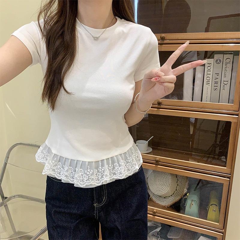 달콤한 스파이스 소녀 레이스 헤드 레이스 라운드 넥 짧은 소매 티셔츠 여성의 여름 순수한 욕망 내부 스택 발레 탑