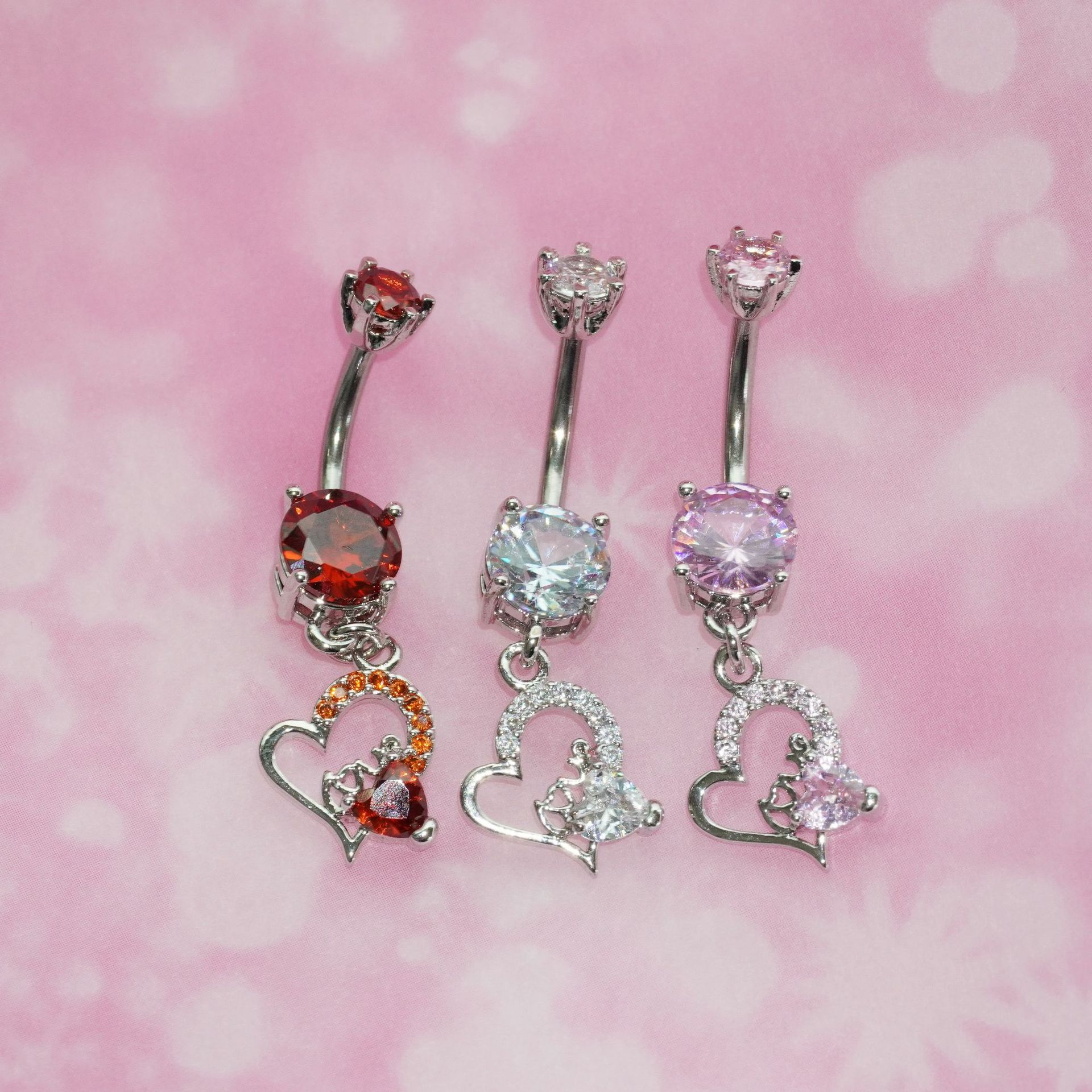 Tri-color Heart Belly Button Ring With Zircon Piercing Jewellery_voghion.com