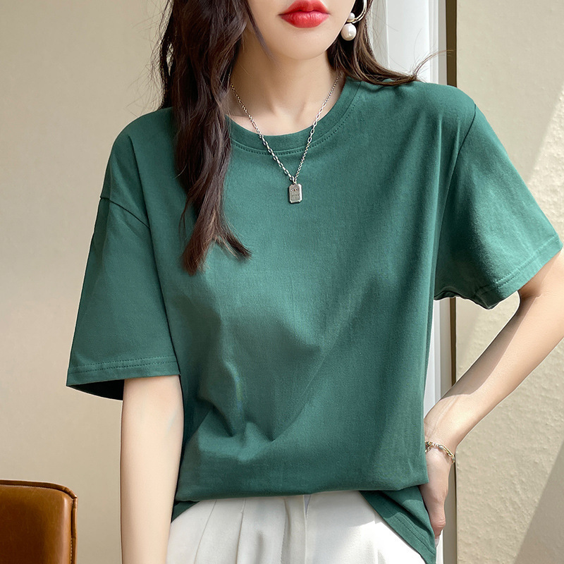 New summer 200g Cotton solid color basic short-sleeved T-shirt women's vest round neck loose casual white T bottoming shirt