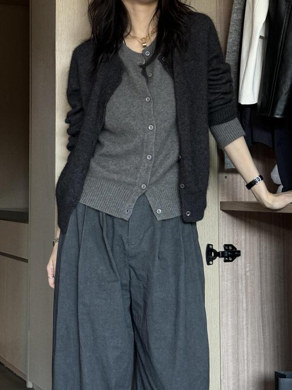 韩系慵懒风灰色假两件针织开衫女秋冬内搭毛衣外套设计感拼接上衣|undefined