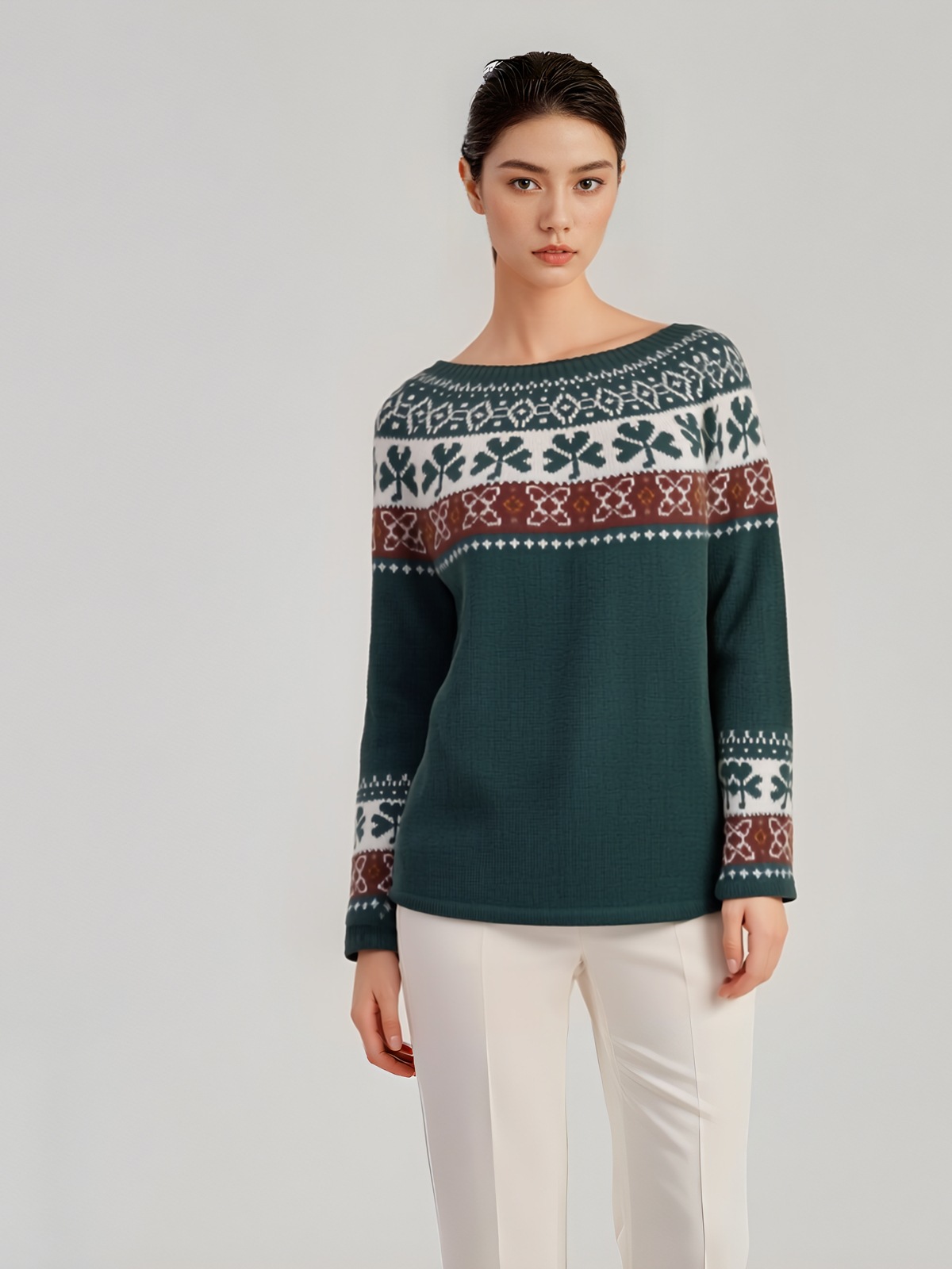 2025 cross-border supply autumn and winter new fair jacquard contrast sweater retro design snowflake loose horn sleeve