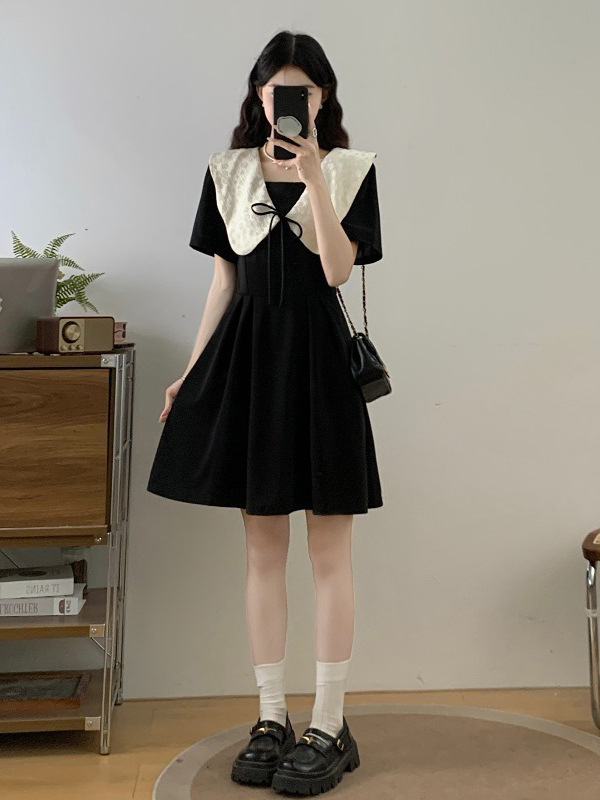 High-End Acetate Satin Doll Collar Right Shoulder Black Dress for Women 2025 Summer Plus Size Fat mm Waist Small Black Dress High-End Acetate Satin Doll Collar Right Shoulder Black Dress for Women 2025 Summer Plus Size Fat mm Waist Small Black Dress