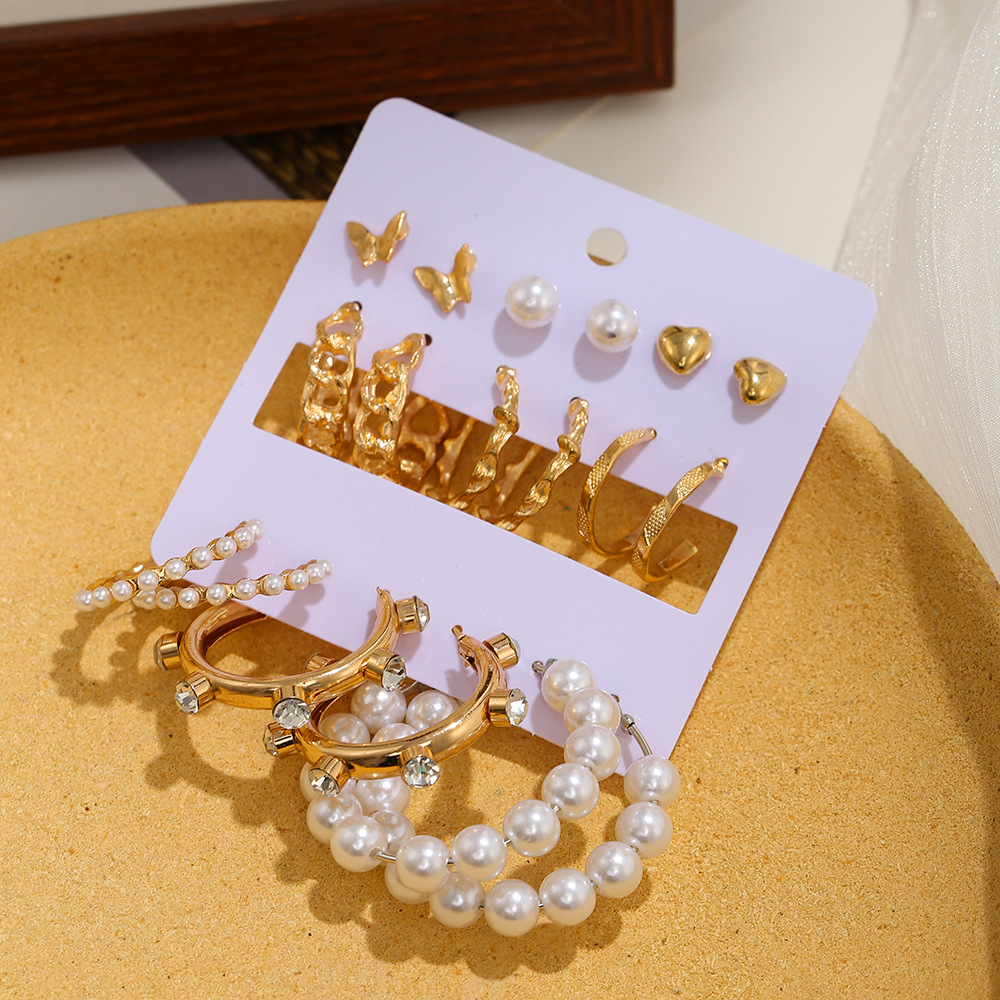 Korean fashion butterfly love 9 pairs of earrings set pearl rhinestone golden geometric earrings wholesalepicture2