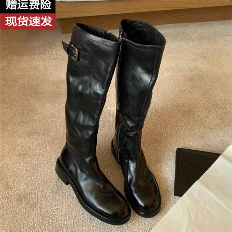 水洗马皮~牛皮复古厚底骑士靴女秋冬新款显瘦粗跟高筒靴女长筒靴