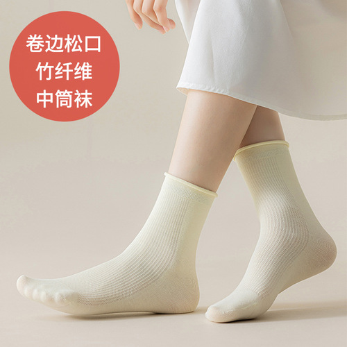 Rolled loose mouth mid-calf socks for girls in spring and summer, mesh style, hand-sewn straight socks, bamboo fiber fabric, deodorant