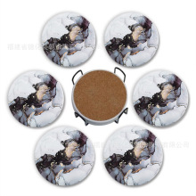 批发陶瓷吸水杯垫 亚马逊大理石纹独立日陶瓷餐垫隔热垫带铁架