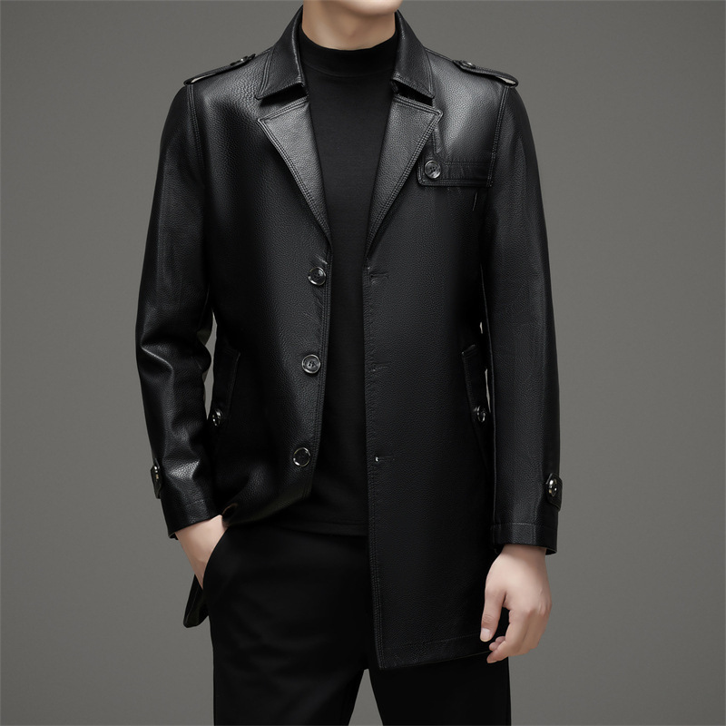 Versatile Leather Jacket for Men, New Spring and Autumn Style, Sheepskin Trench Coat, Mid-Length, Business Casual, Fleece-Lined Leather Coat Versatile Leather Jacket for Men, New Spring and Autumn Style, Sheepskin Trench Coat, Mid-Length, Business Casual, Fleece-Lined Leather Coat