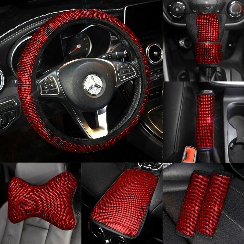 Coche Diamante Rojo perforación en caliente cubierta del engranaje del freno de mano cubierta de la manija incrustada en diamante cinturón de seguridad de diamante completo hombro cubierta protectora cubierta del volante reposacabezas