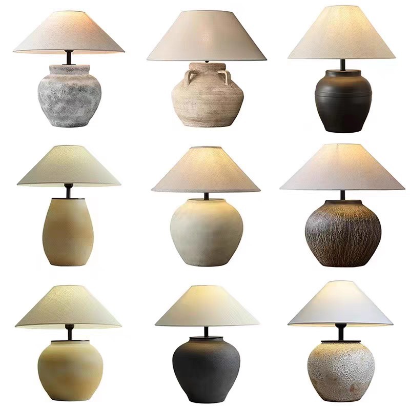 Wabi-Sabi Style Ceramic Table Lamp Pottery Ornament New Chinese Decoration Japanese-Style Living Room Bedroom Hotel Bedside Homestay Lighting