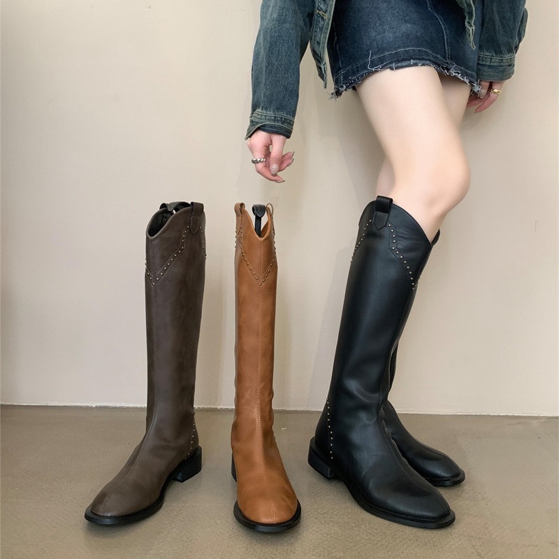 Thick Heeled Round Toe Maillard For Women, 2024 Autumn And Winter New Item With Plush Straight Tube Versatile V-Neck_voghion.com