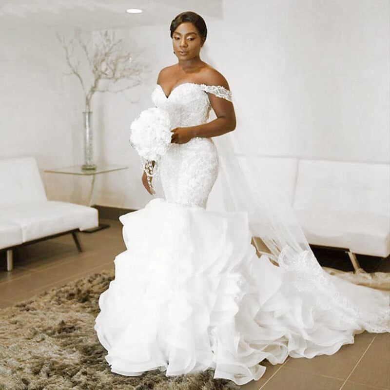 African New Mermaid Wedding Dress 2026 New Style One-Shoulder Lace Applique Waist-Cinching Fishtail Wedding Dress African New Mermaid Wedding Dress 2026 New Style One-Shoulder Lace Applique Waist-Cinching Fishtail Wedding Dress