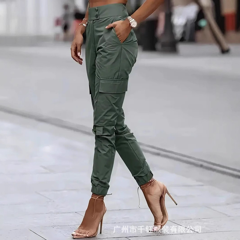 Women S High Waist Double Button Cargo Pants - Olive Green Polyester Machine Washable, All Season Casual Workwear