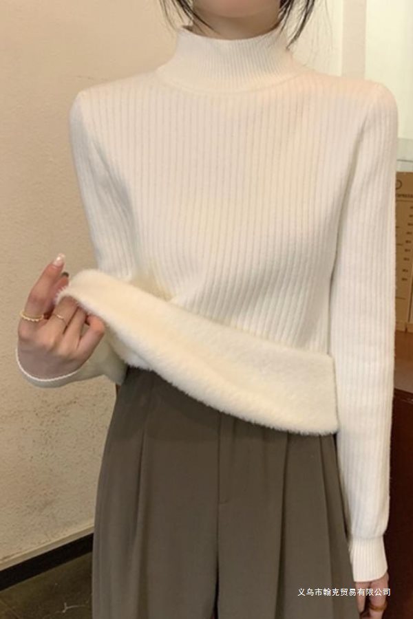 2025新款加绒加厚打底衫女冬季内搭半高领一体绒保暖修身针织毛衣