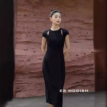 ES MODISH 夏季新品韩版高级感镂空设计收腰显瘦黑色连衣裙女生