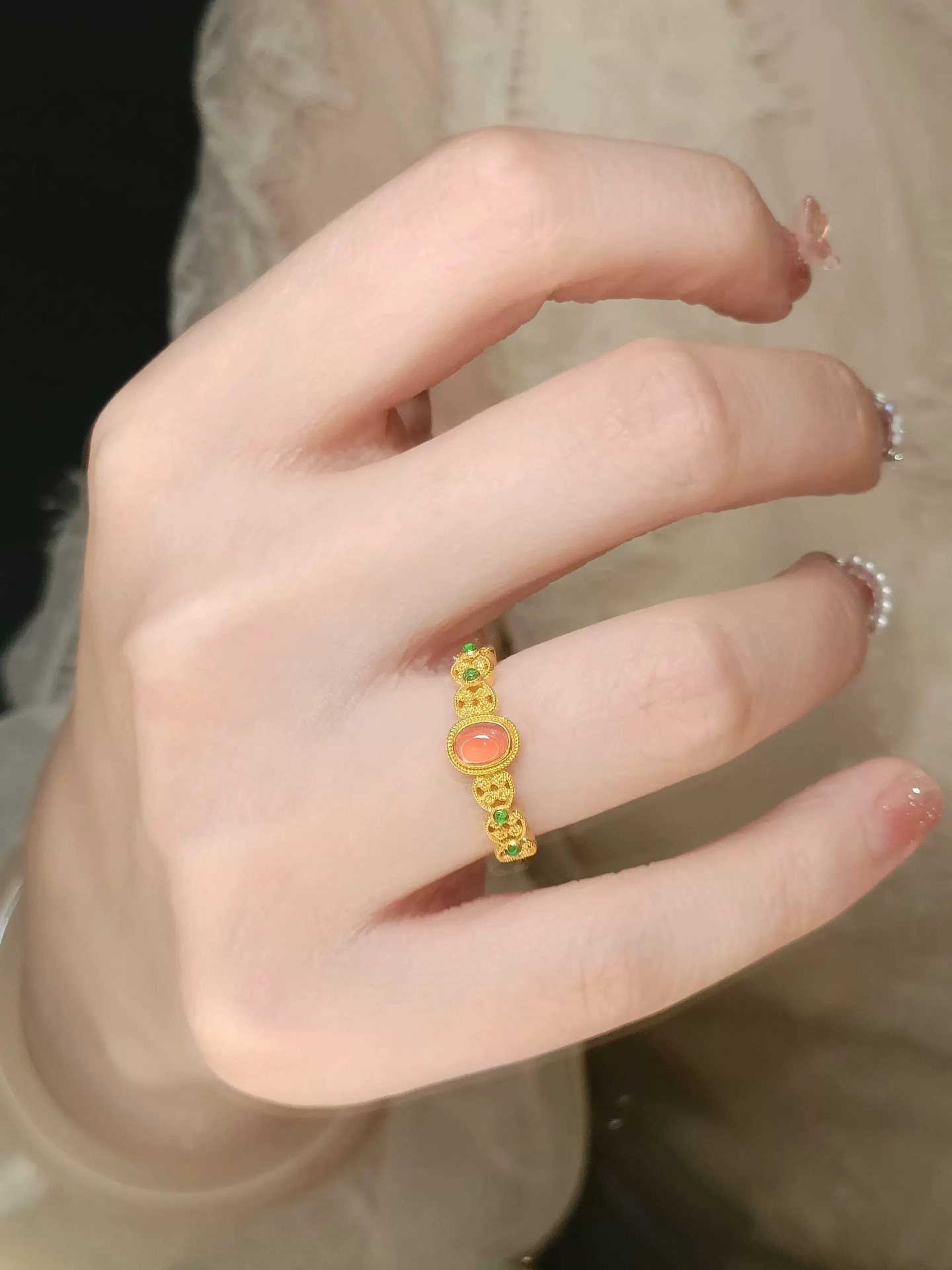 Bague de luxe en soie pour palais du Vietnam, fleur de vent, sable doré, phénix, hibiscus, petit palais, pinson, anneau léger, bijoux de bouche_voghion.com