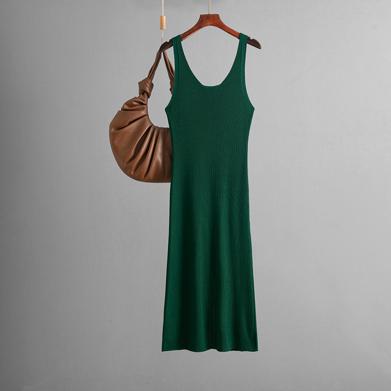 Sexy Knitted Sling Dress Summer Solid Color Back Slit Sheath Maxi Dress