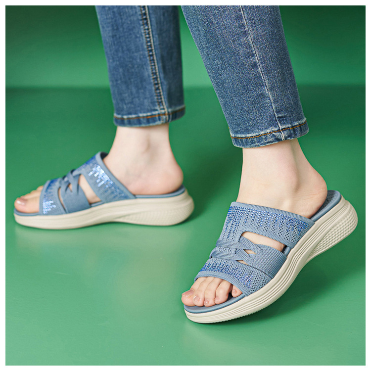 Dép sandal nữ xỏ ngón đế bệt đính đá lấp lánh — màu nâu, màu đen, xanh lam, màu mơ chi tiết 12