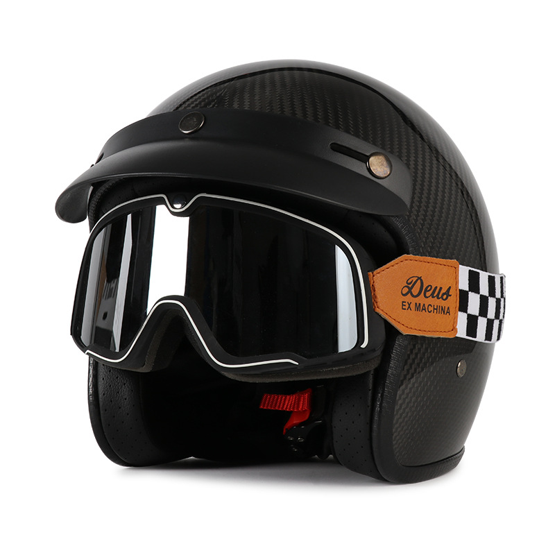 [En Existencia] Casco de Motocicleta Retro de Fibra de Carbono, Certificado 3C, Casco 3/4, Casco de Seguridad para Motocicleta, Apto para Todas las Estaciones