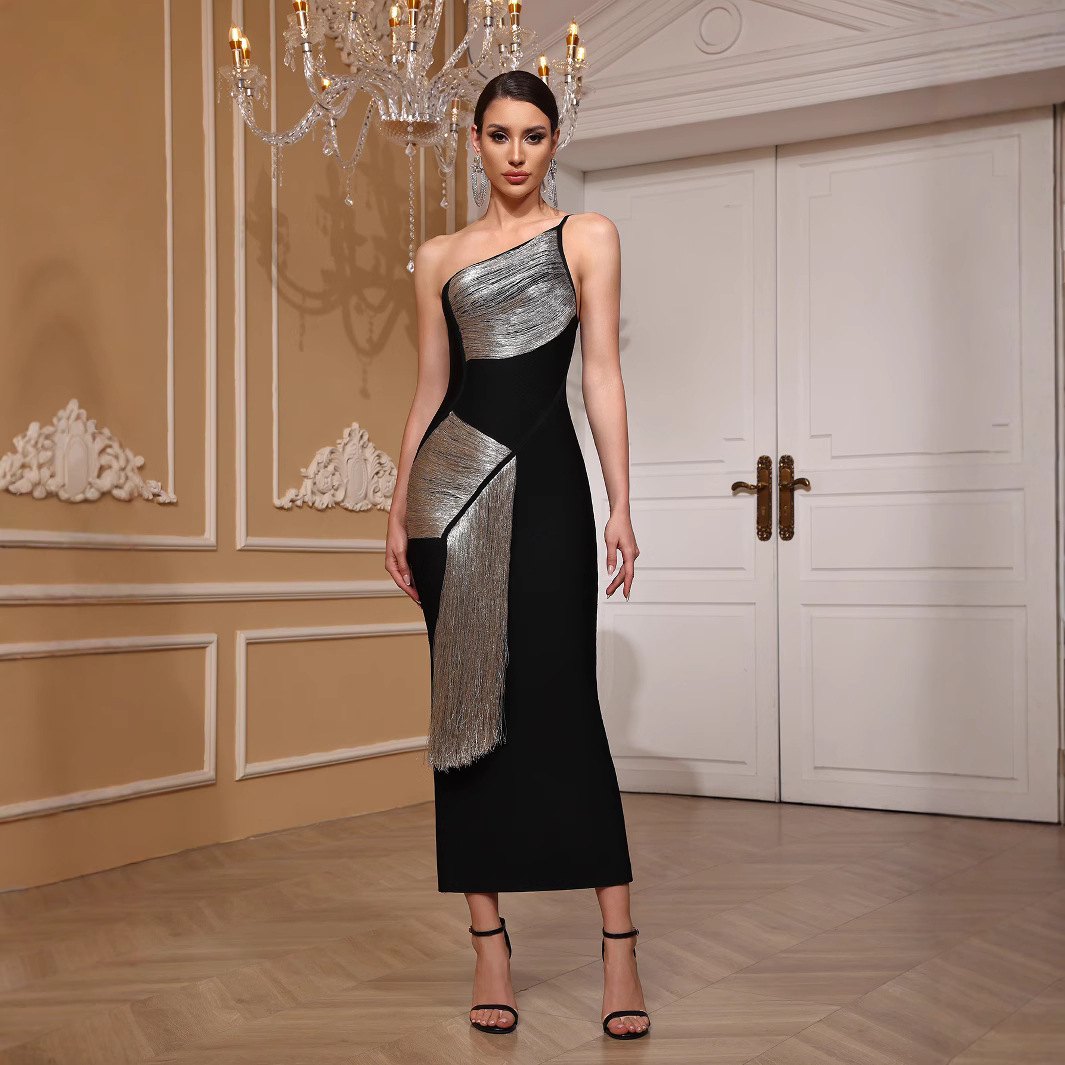 One-Shoulder Black and Silver High Slit Dress Bandage dress Dinner Party Night Shop Slimming Slim-fit Cross-border Hot Women's Clothing