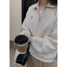 春秋新款韩版宽松半拉链卫衣女polo领纯色慵懒风加绒加绒美式上衣