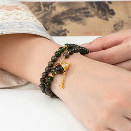 老山檀香阴沉葫芦双圈手链新中式双圈叠戴显吉祥木质饰件项链