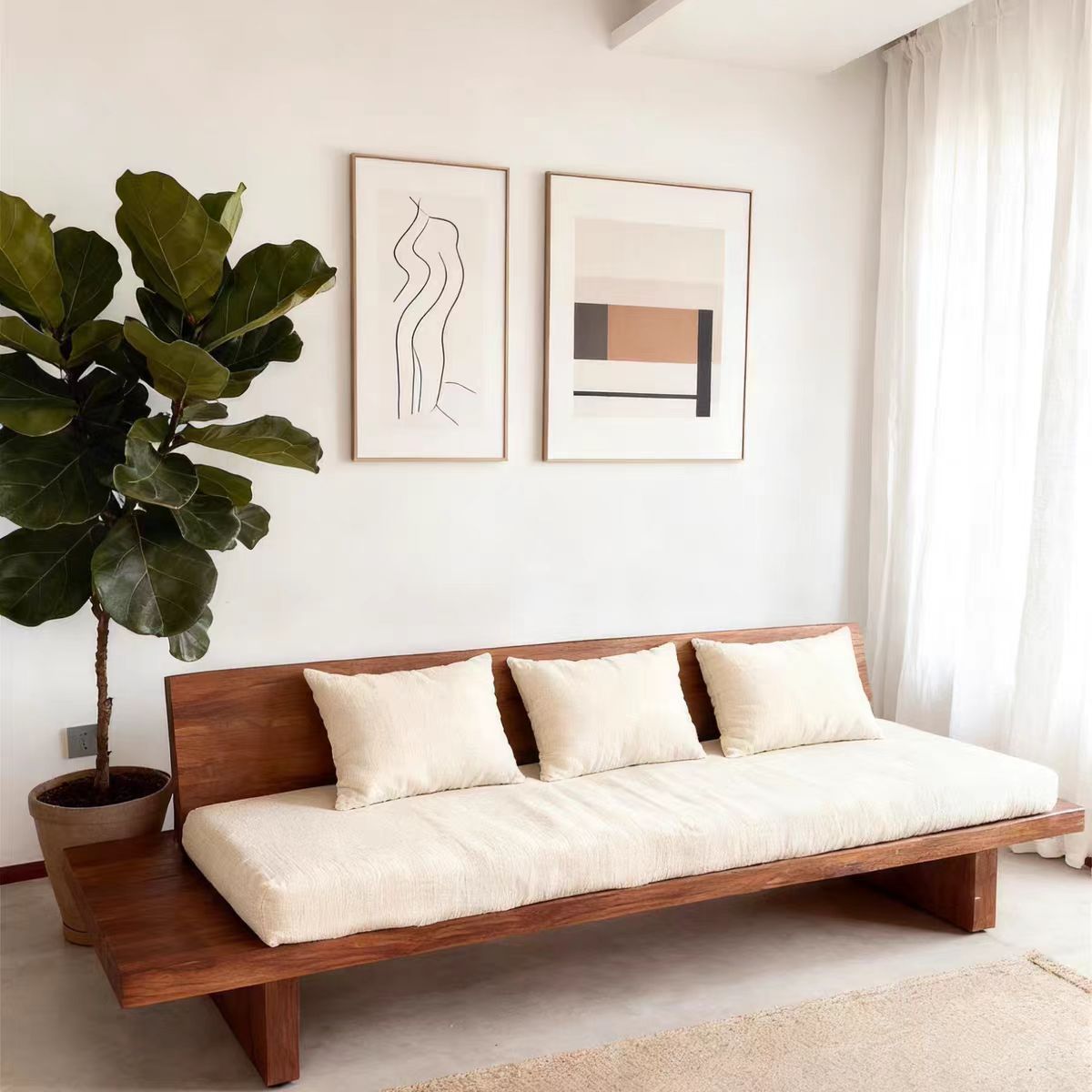 Wabi-Sabi Style Solid Wood Mid-Century Sofa Simple Straight Row Living Room Sofa Hotel B&B Three-Seater Old Elm Sofa