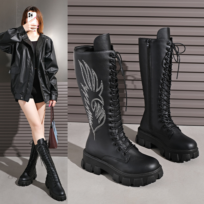 Women's Plus Size Knee High Zipper Boots British Style Embroidered Retro Slim Fit Thick Sole Round Toe Autumn_voghion.com