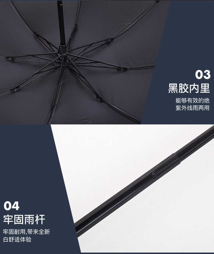Black rubber manual water-blooming sunshade and sun protection umbrella, three-fold sun umbrella, printed LOGO gift wholesale umbrella pic 8