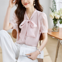2025新款欧货气质显瘦纯色V领欧根纱系带单排扣短袖雪纺衬衫女夏